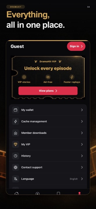 DramaHit profile — wallet, history, and VIP